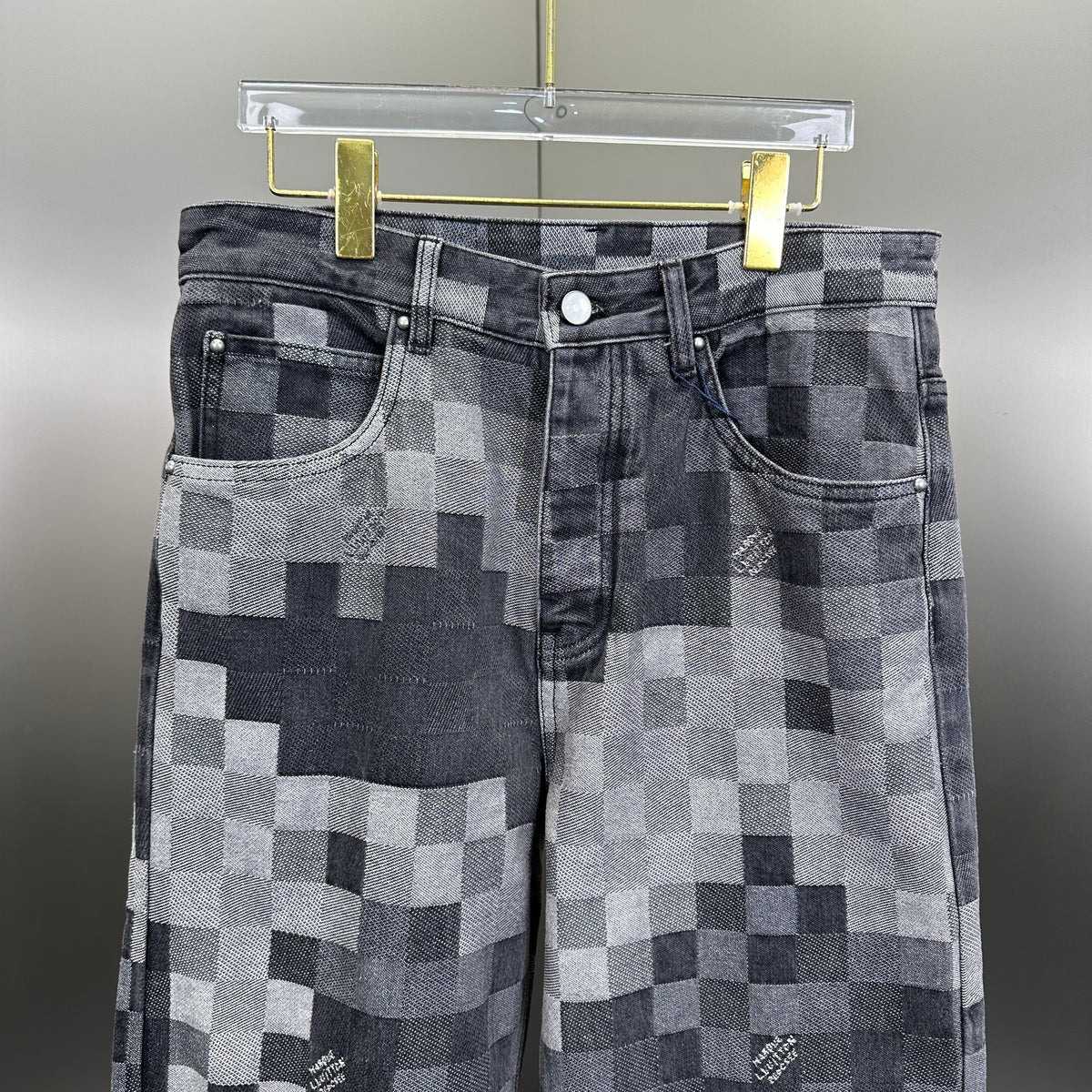 Louis Vuitton Pixelated Damier Charcoal Denim Trousers with Heritage Inscription