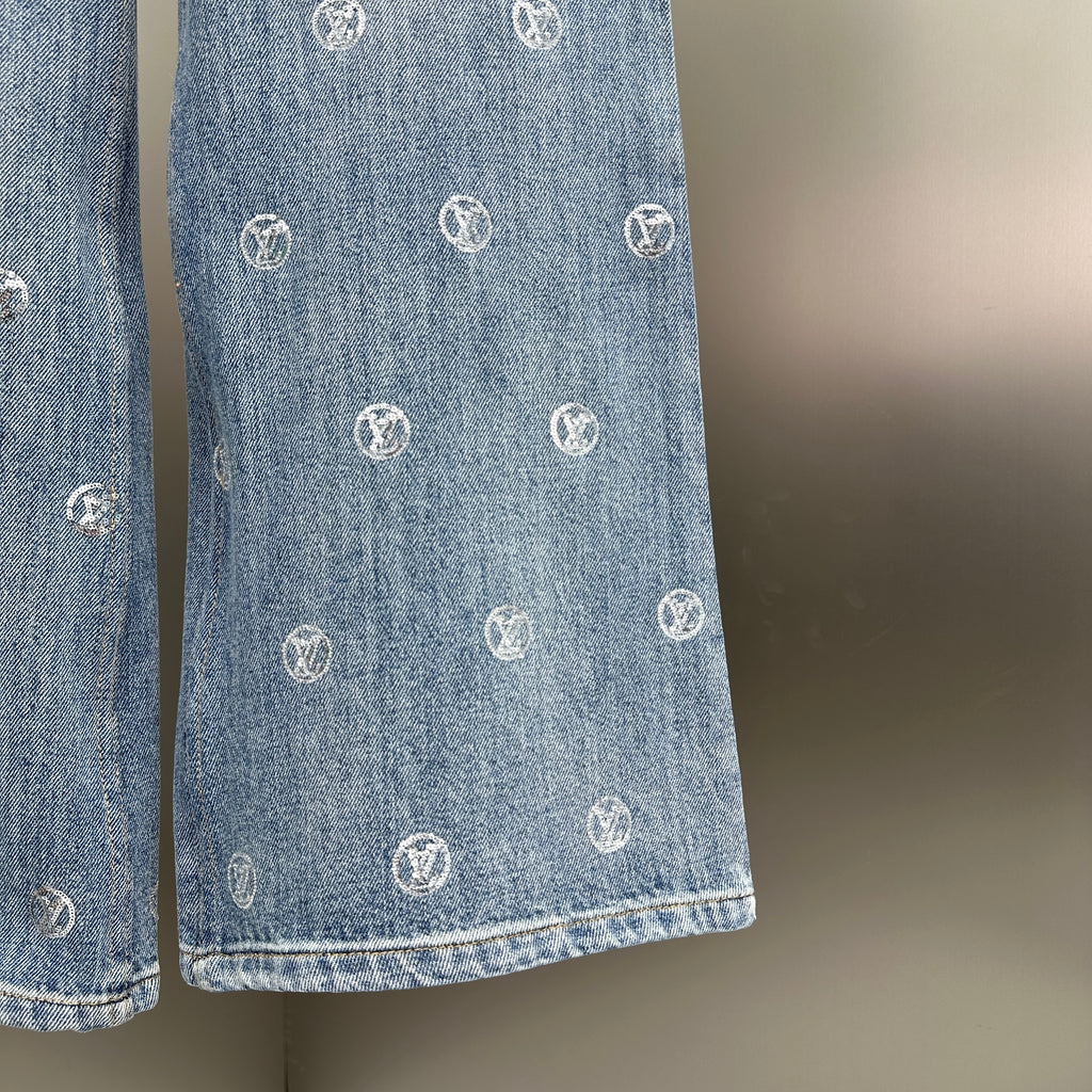 Louis Vuitton Silver LV Monogram Polka Motif Wide-Leg Denim Trousers