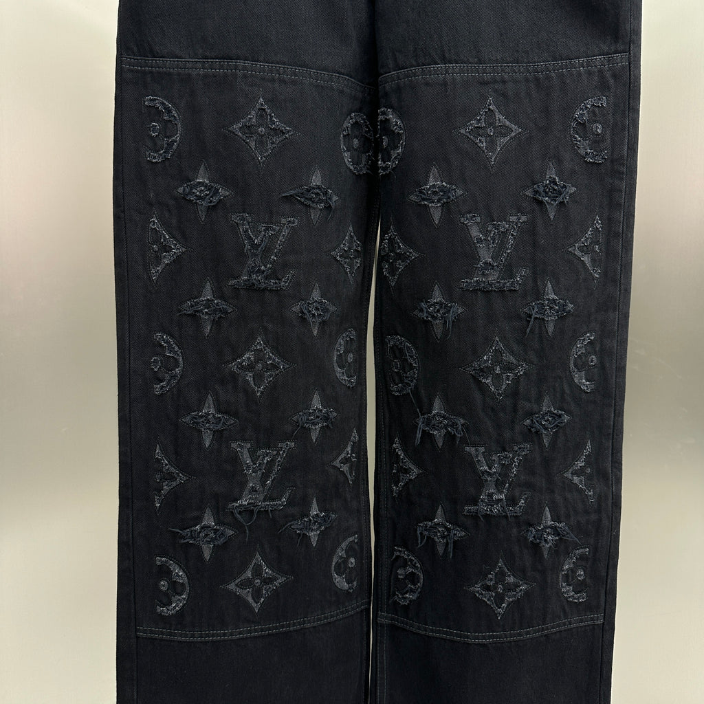 Louis Vuitton Cut-Out Monogram Jacquard Double-Knee Denim Trousers