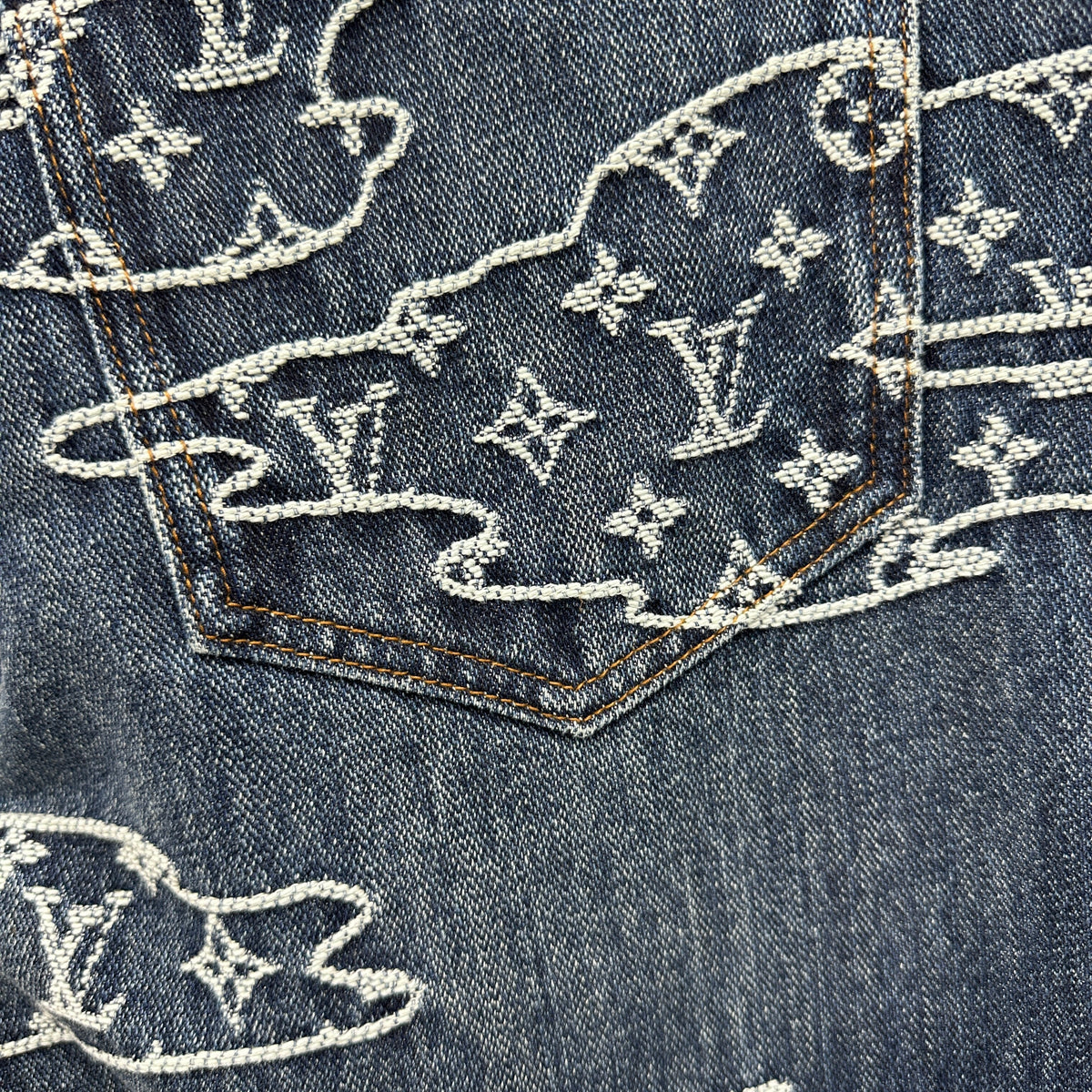 Louis Vuitton White Embroidered Cloud Motif Denim Trousers – Dark Blue