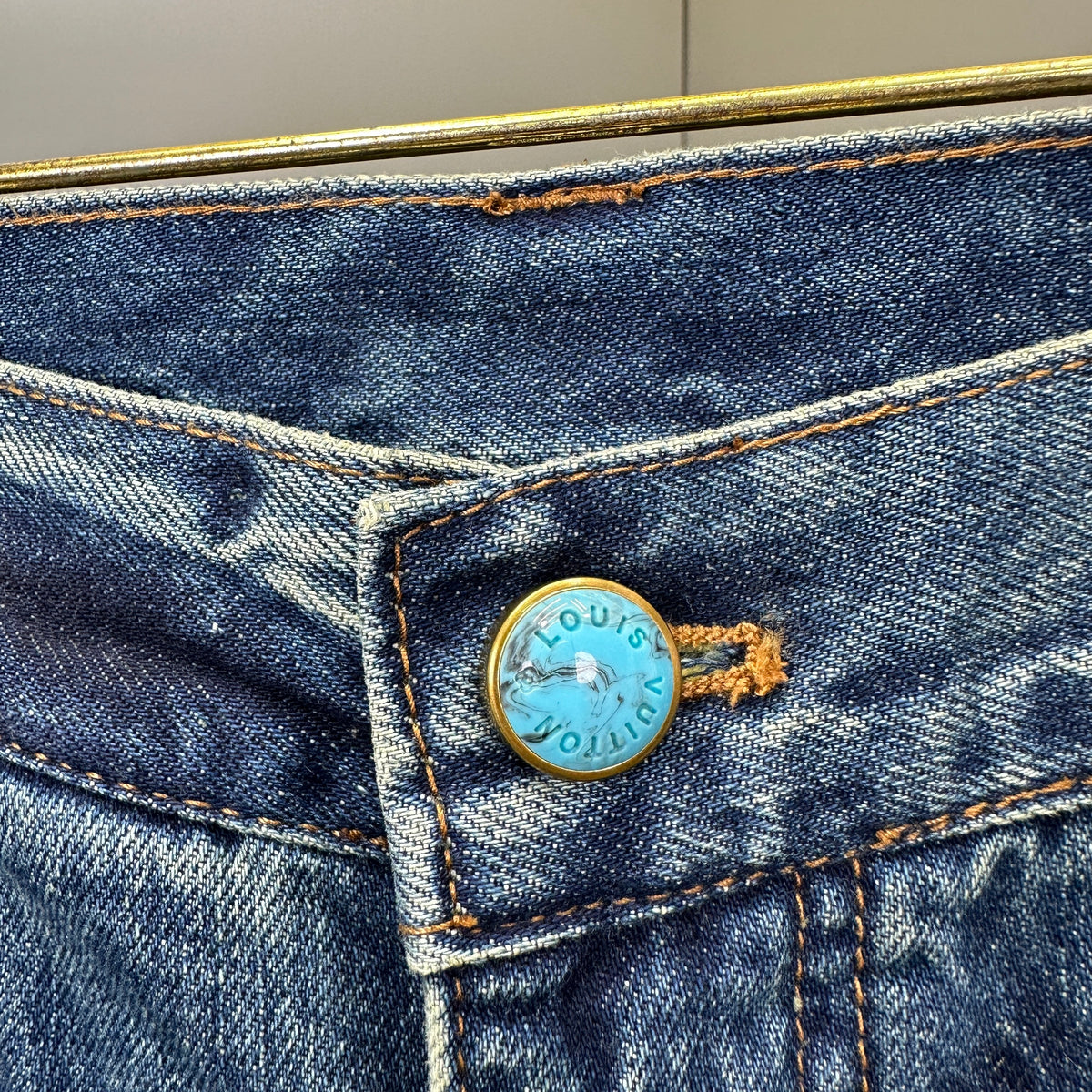 Louis Vuitton Western Turquoise Accent Distressed Utility Denim Trousers