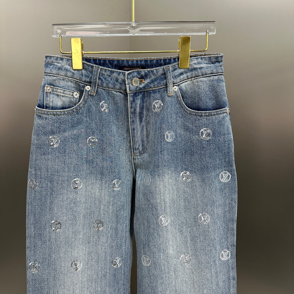 Louis Vuitton Silver LV Monogram Polka Motif Wide-Leg Denim Trousers