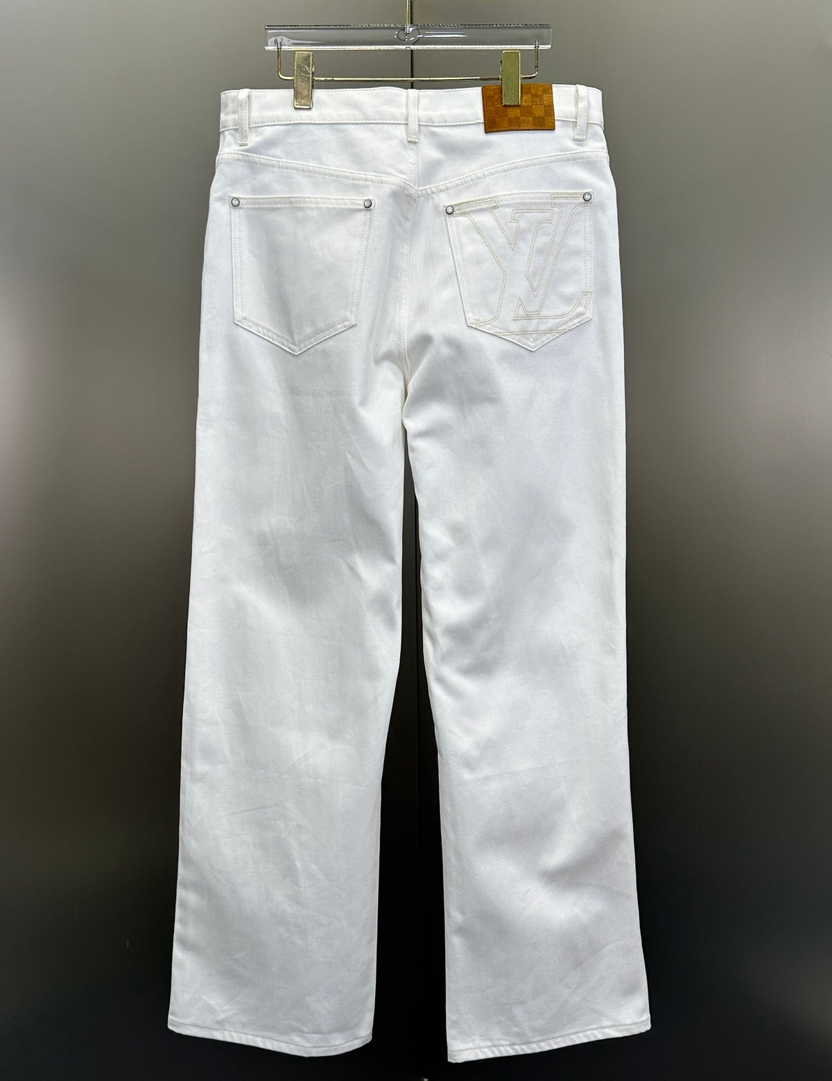 Louis Vuitton Classic Fit White Denim Pants with Tan Logo Patch