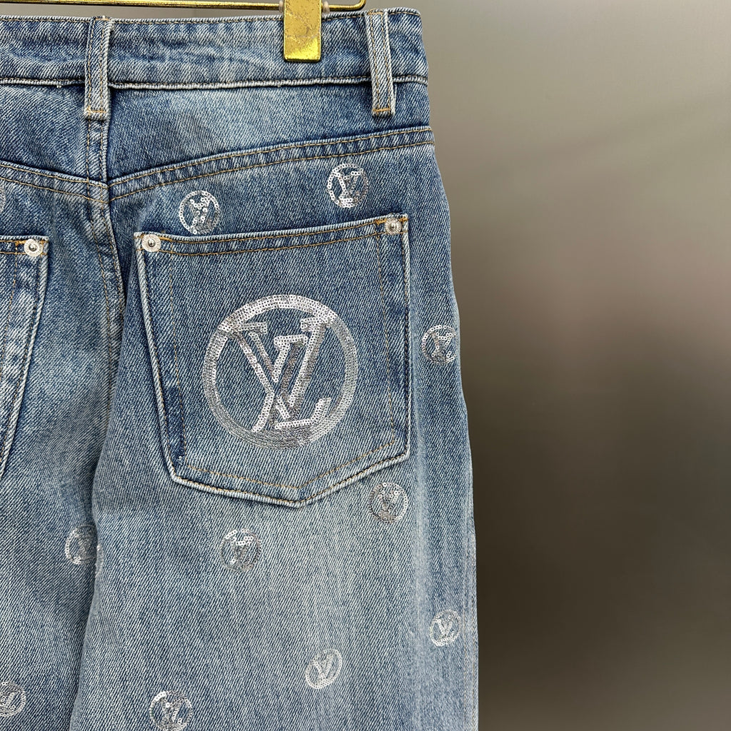 Louis Vuitton Silver LV Monogram Polka Motif Wide-Leg Denim Trousers