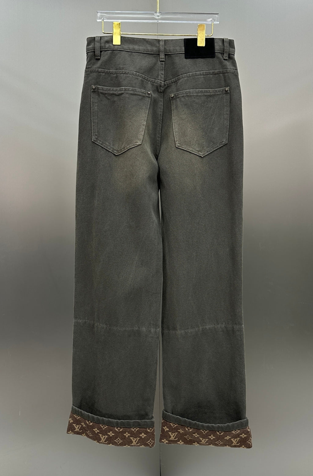 Louis Vuitton Double-Knee Faded Black Denim Trousers with Monogram Cuffs