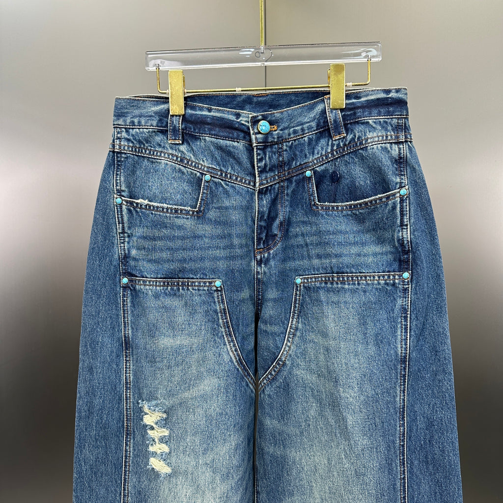 Louis Vuitton Western Turquoise Accent Distressed Utility Denim Trousers