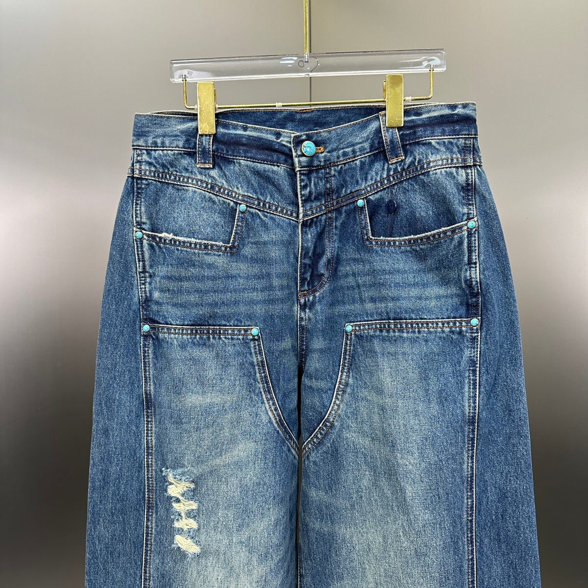 Louis Vuitton Western Turquoise Accent Distressed Utility Denim Trousers
