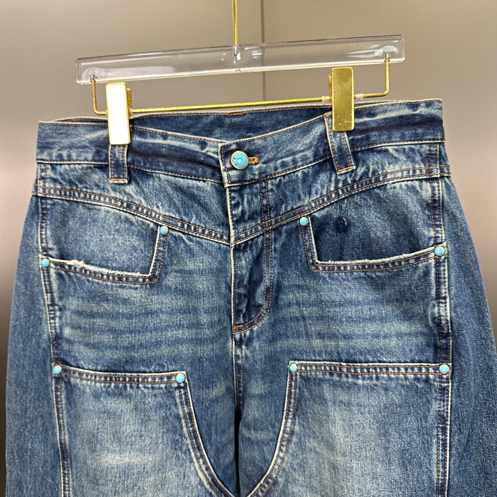 Louis Vuitton Western Turquoise Accent Distressed Utility Denim Trousers