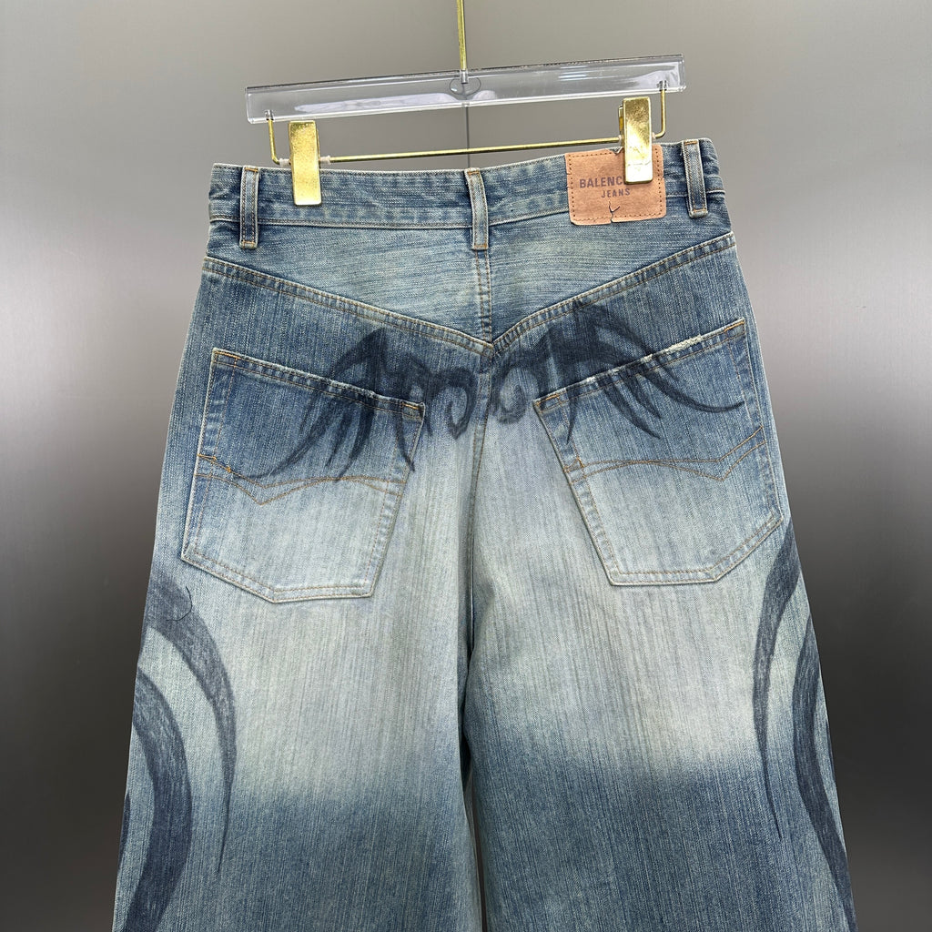 Balenciaga Faded Blue Flame Tribal Wide-Leg Denim