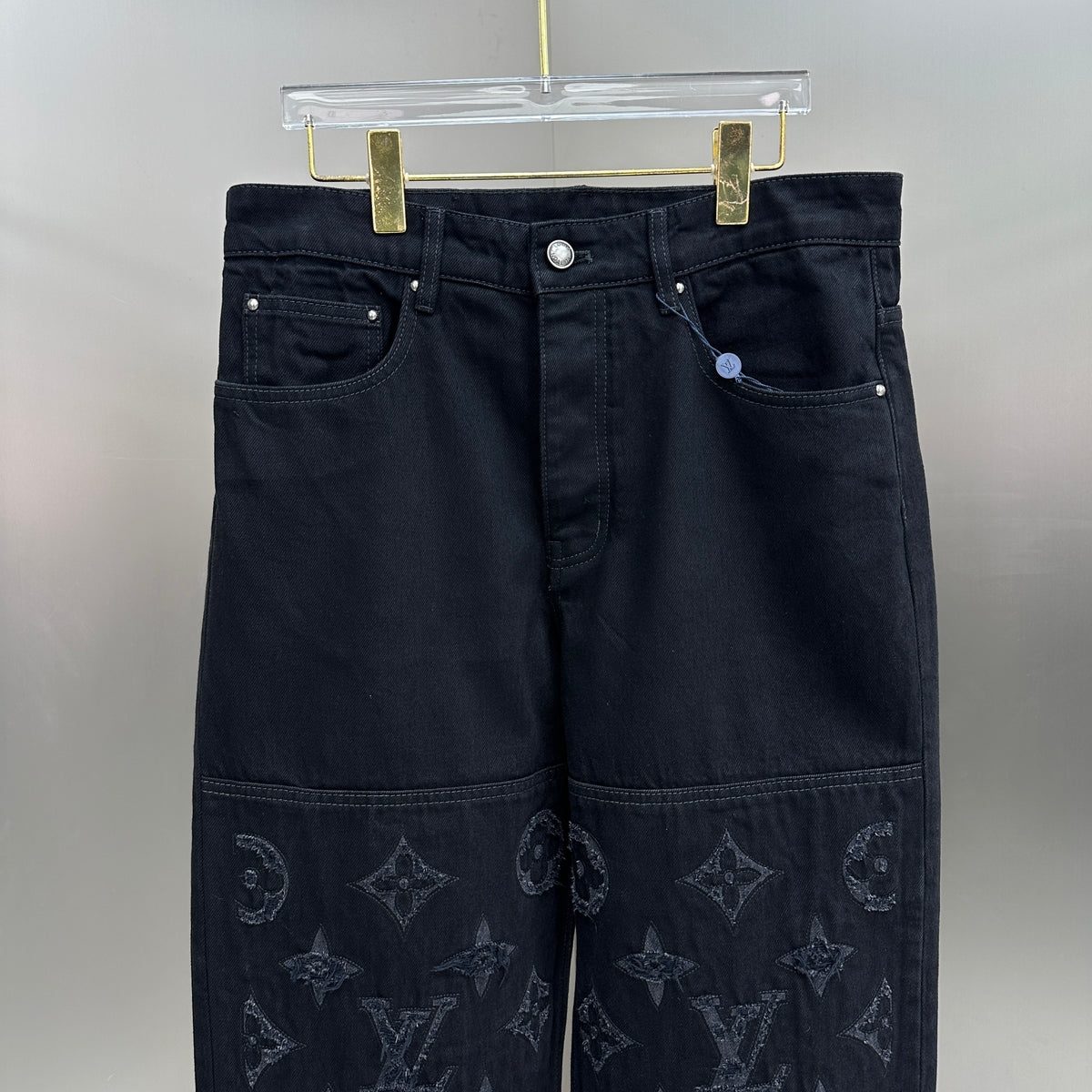 Louis Vuitton Cut-Out Monogram Jacquard Double-Knee Denim Trousers