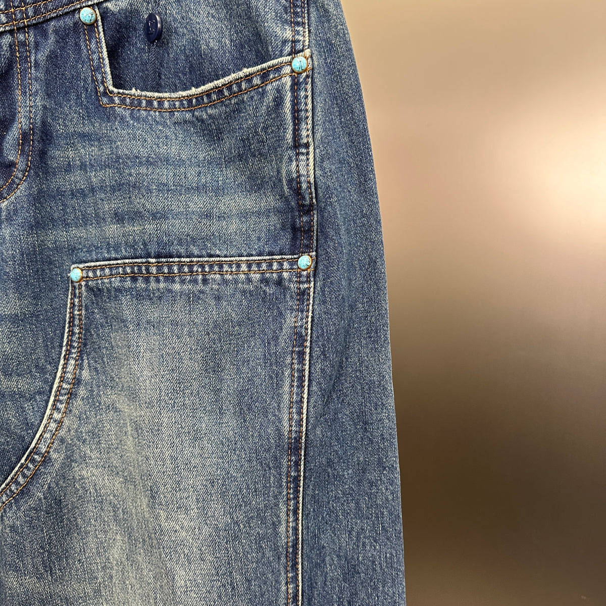 Louis Vuitton Western Turquoise Accent Distressed Utility Denim Trousers