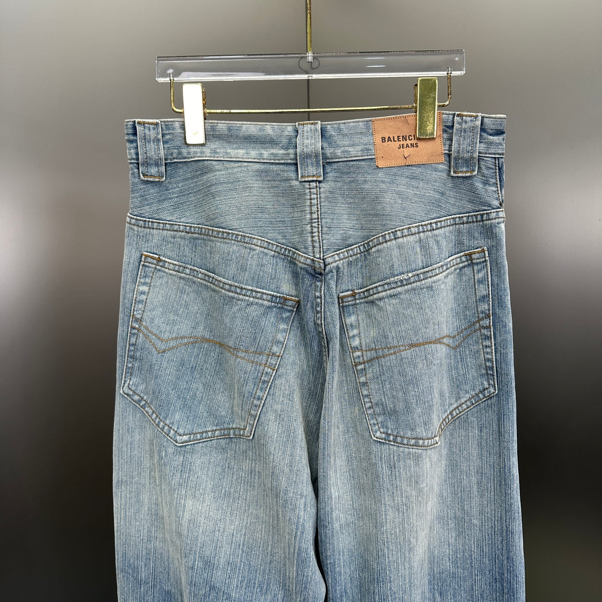 Balenciaga Light Wash Baggy Jeans with Red Side Logo