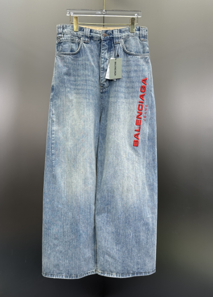 Balenciaga Light Wash Baggy Jeans with Red Side Logo