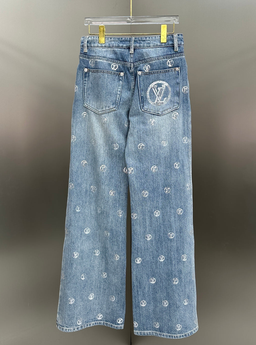Louis Vuitton Silver LV Monogram Polka Motif Wide-Leg Denim Trousers