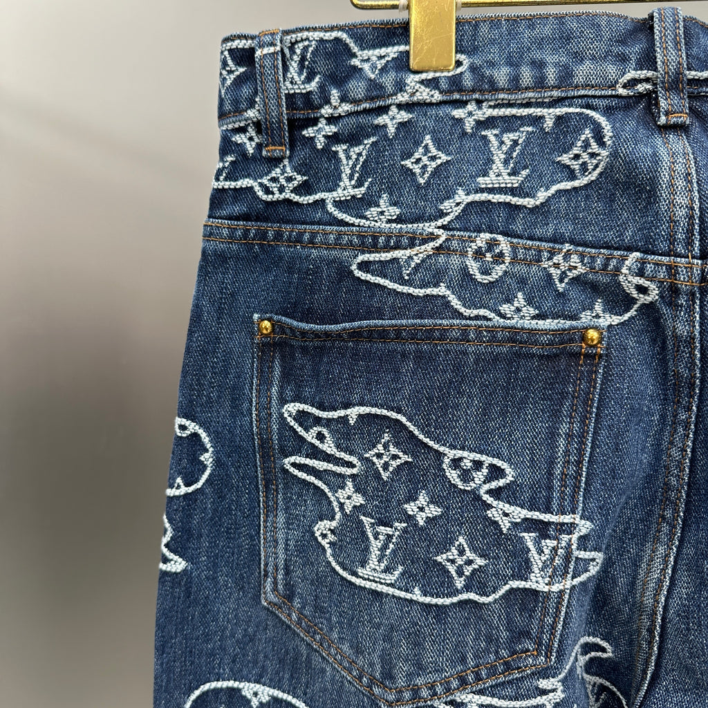 Louis Vuitton White Embroidered Cloud Motif Denim Trousers – Dark Blue