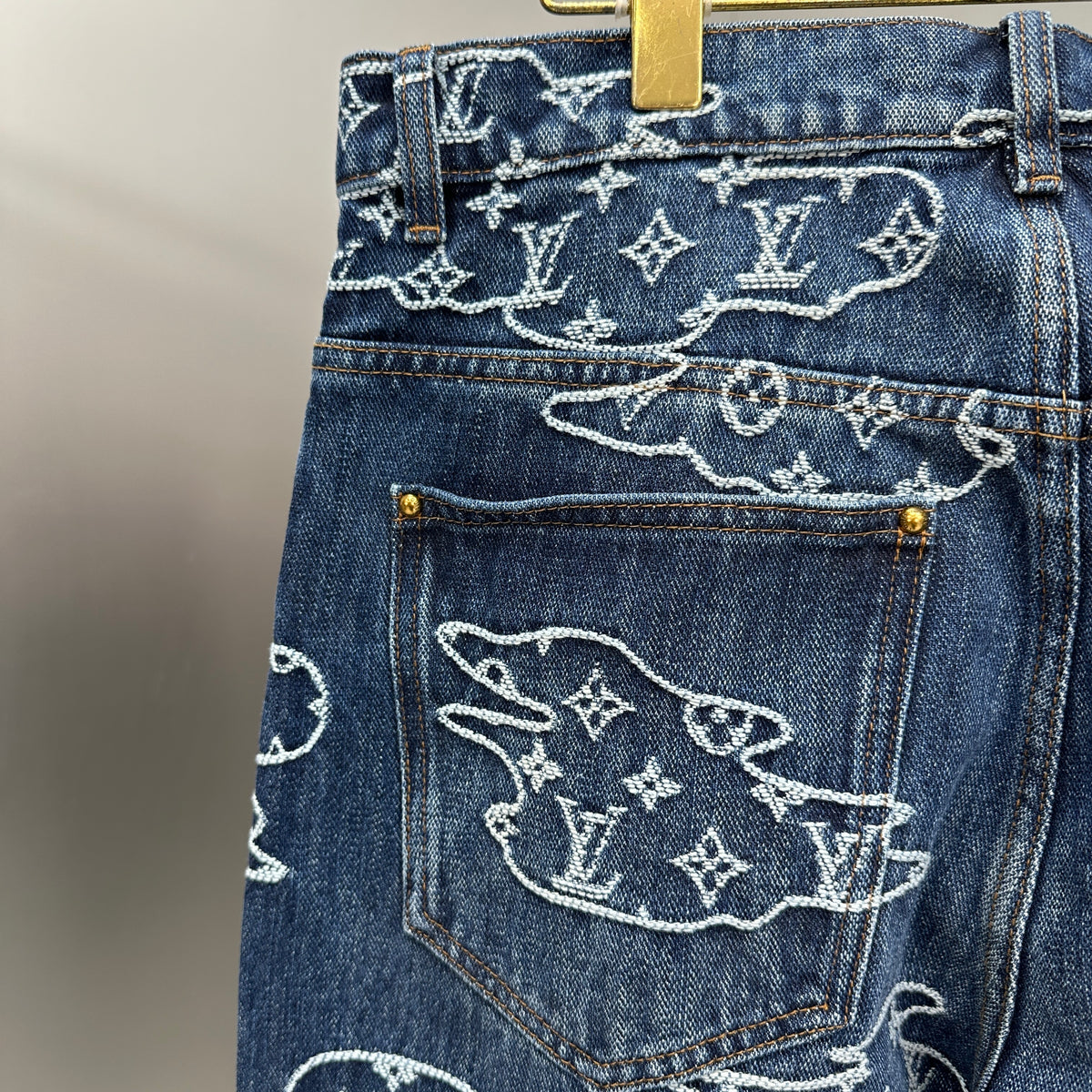Louis Vuitton White Embroidered Cloud Motif Denim Trousers – Dark Blue