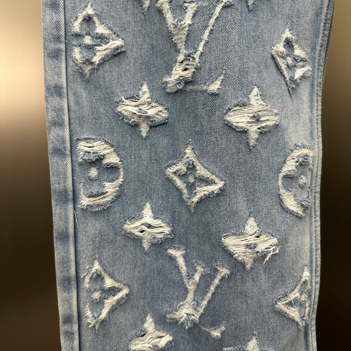 Louis Vuitton Washed Indigo Carpenter Fit Jeans with Frayed Monogram Panels