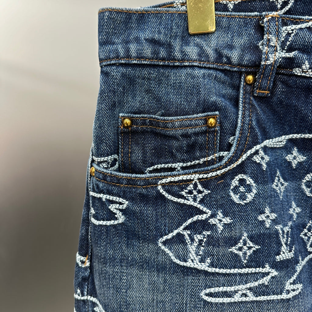 Louis Vuitton White Embroidered Cloud Motif Denim Trousers – Dark Blue