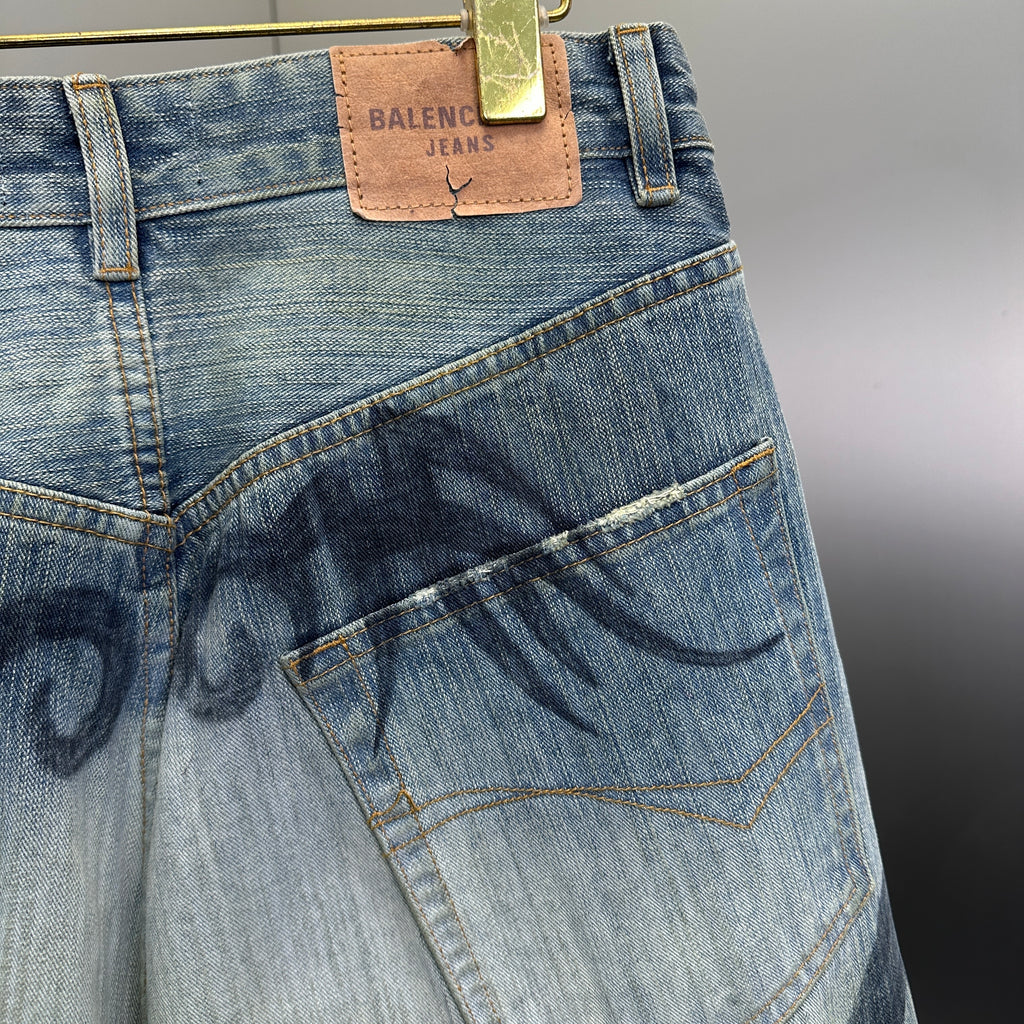 Balenciaga Faded Blue Flame Tribal Wide-Leg Denim