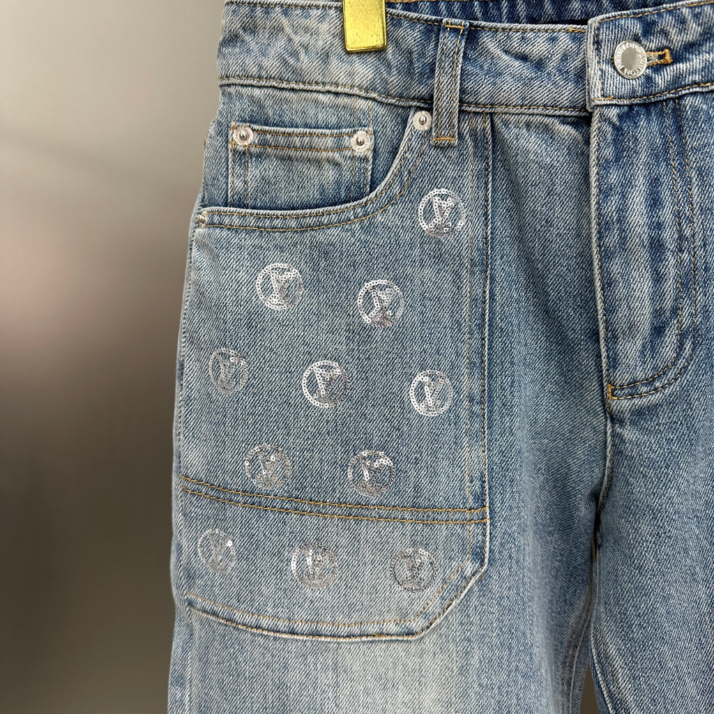 Louis Vuitton Silver LV Monogram Pocket Wide-Leg Denim Trousers