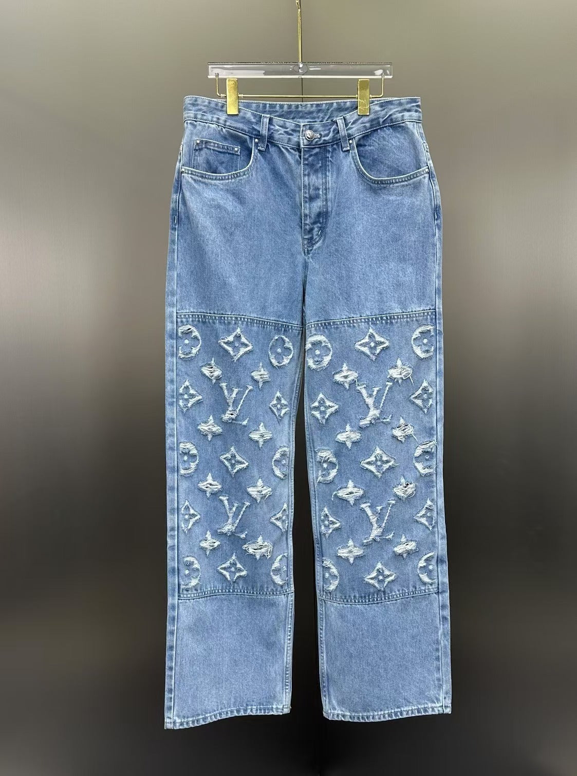 Louis Vuitton Washed Indigo Carpenter Fit Jeans with Frayed Monogram Panels