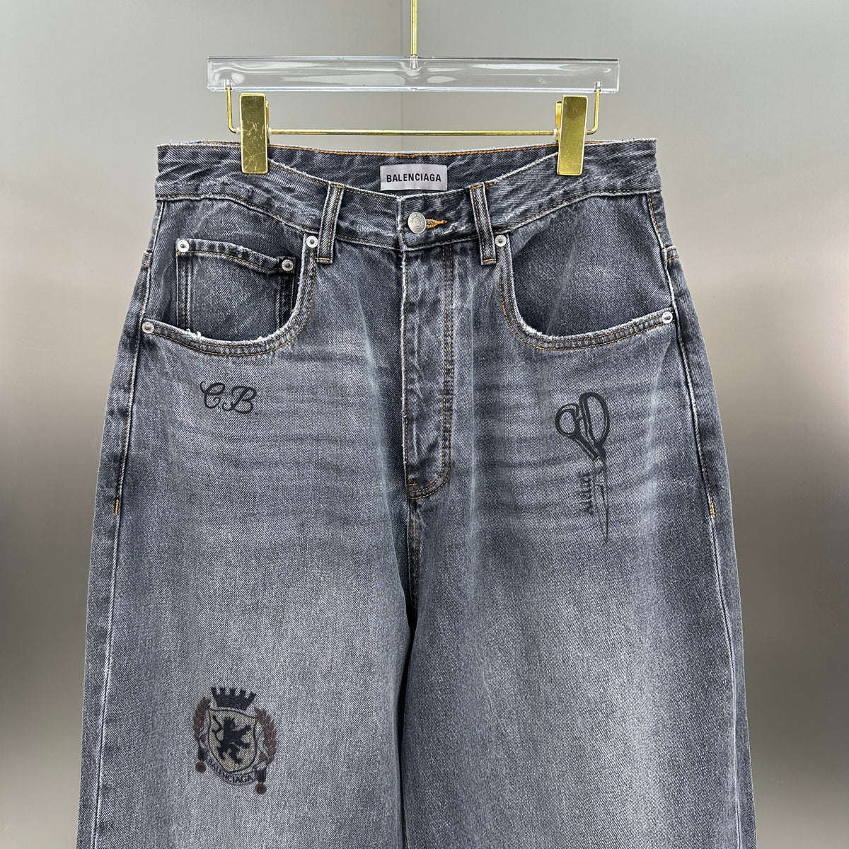 Balenciaga Crest & Artwork Embroidered Baggy Denim Pants