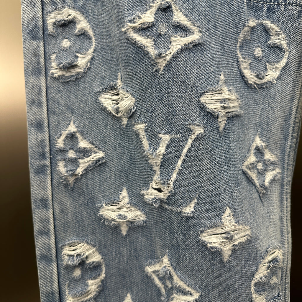 Louis Vuitton Washed Indigo Carpenter Fit Jeans with Frayed Monogram Panels