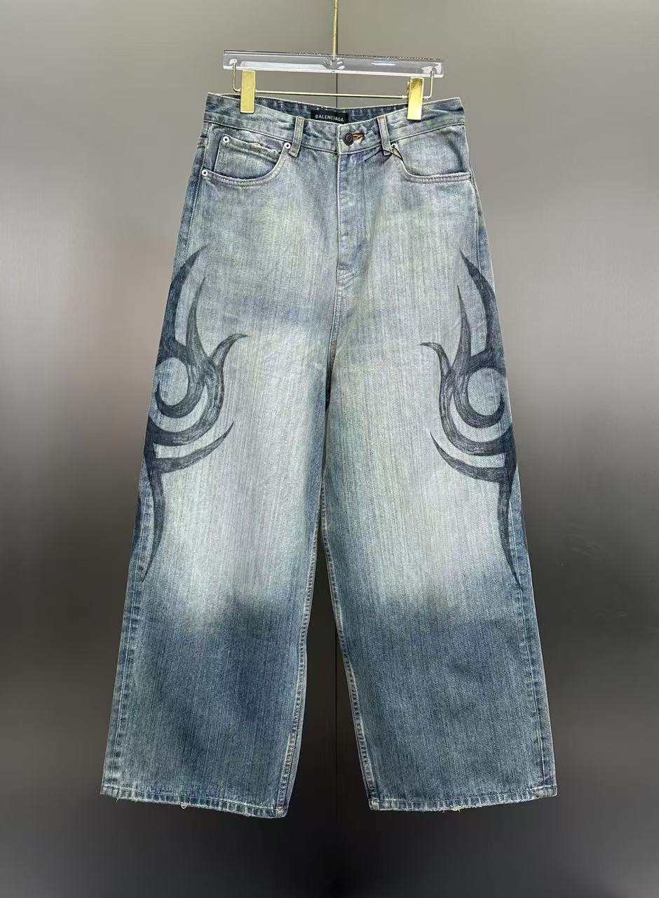 Balenciaga Faded Blue Flame Tribal Wide-Leg Denim