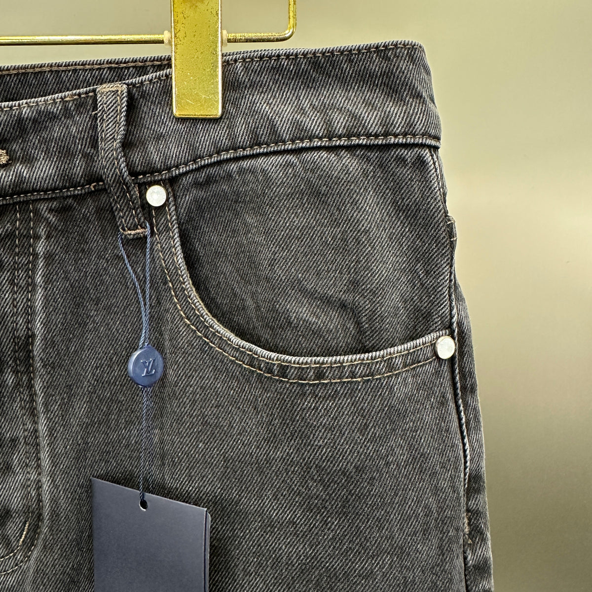 Louis Vuitton Faded Black Straight Denim Trousers with Heritage Leather Accent