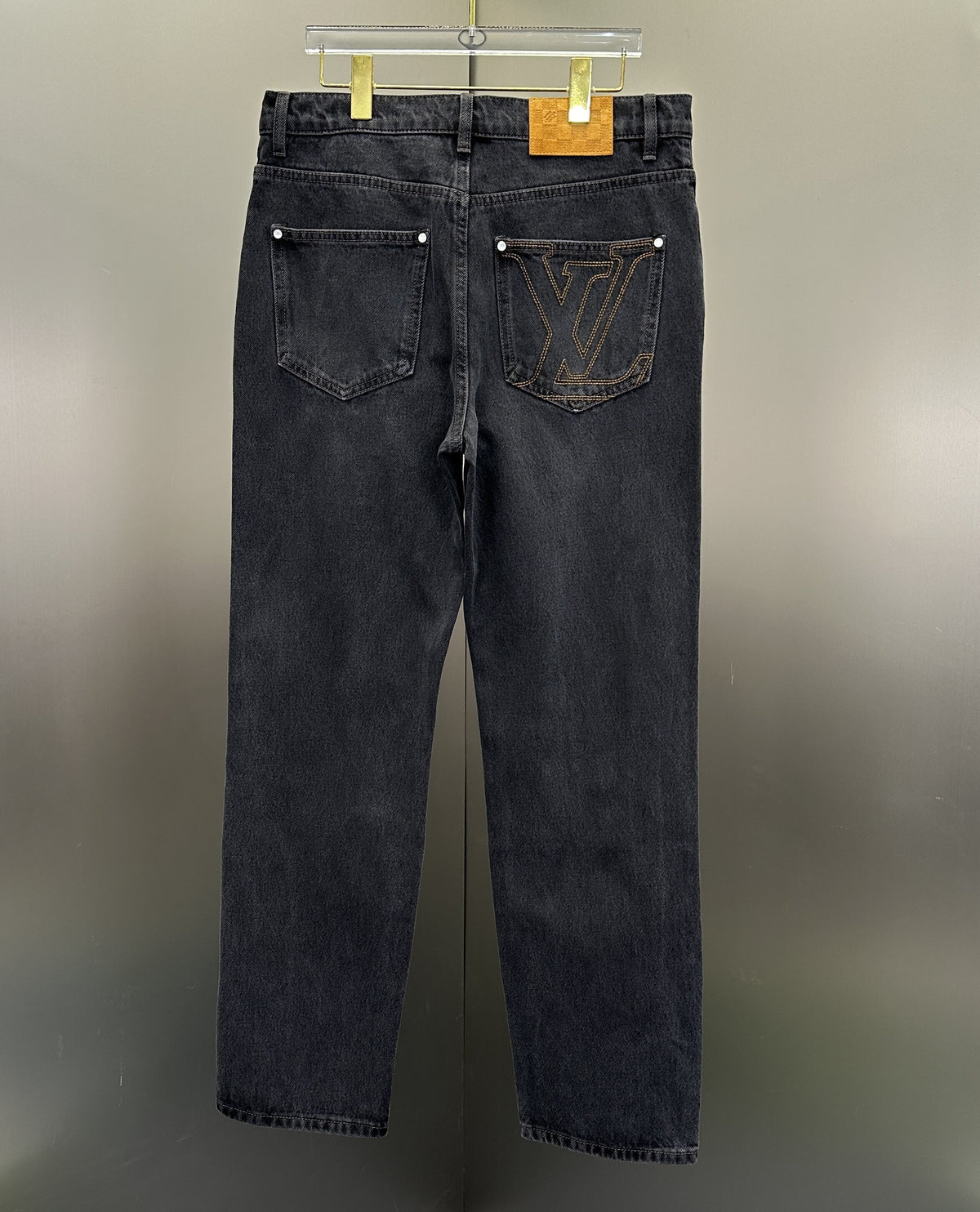Louis Vuitton Faded Black Straight Denim Trousers with Heritage Leather Accent