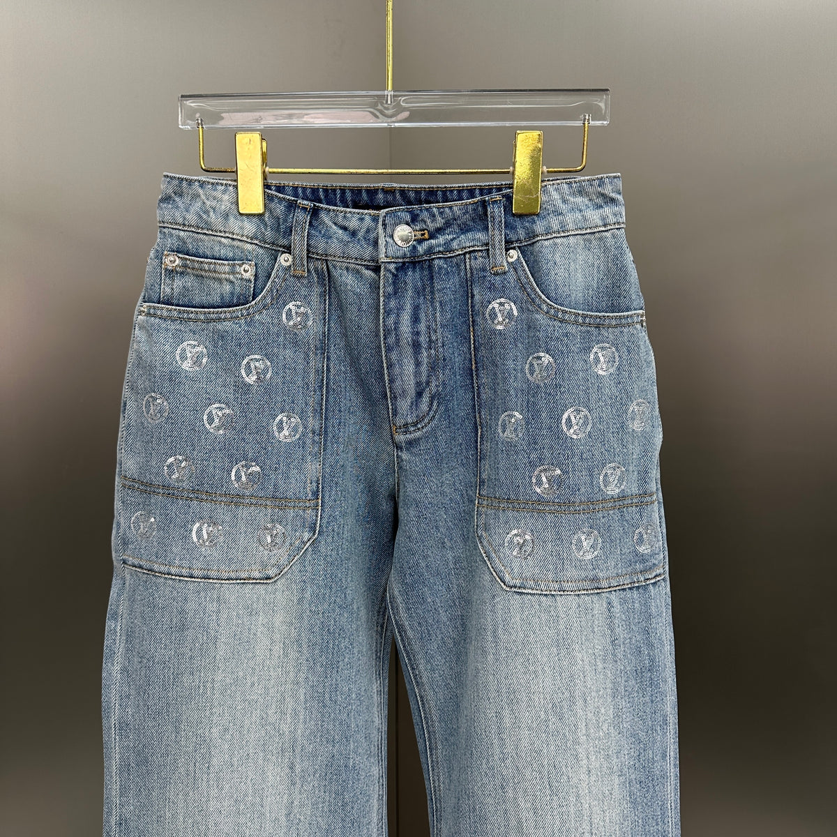Louis Vuitton Silver LV Monogram Pocket Wide-Leg Denim Trousers