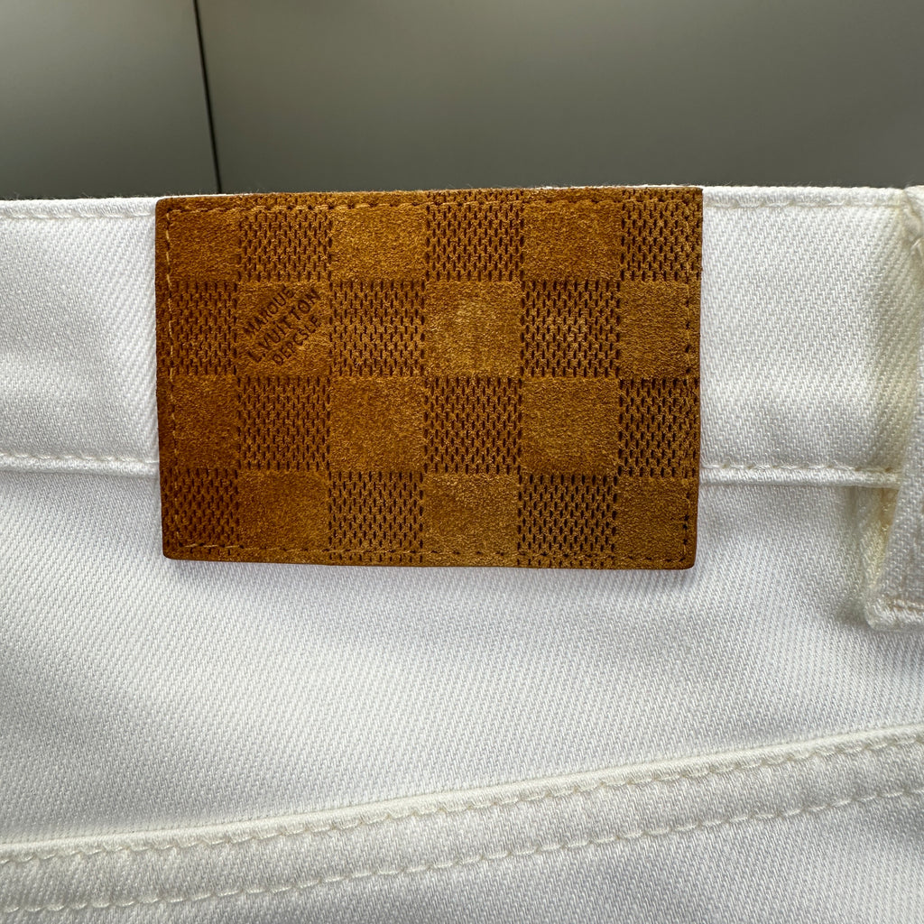 Louis Vuitton Classic Fit White Denim Pants with Tan Logo Patch