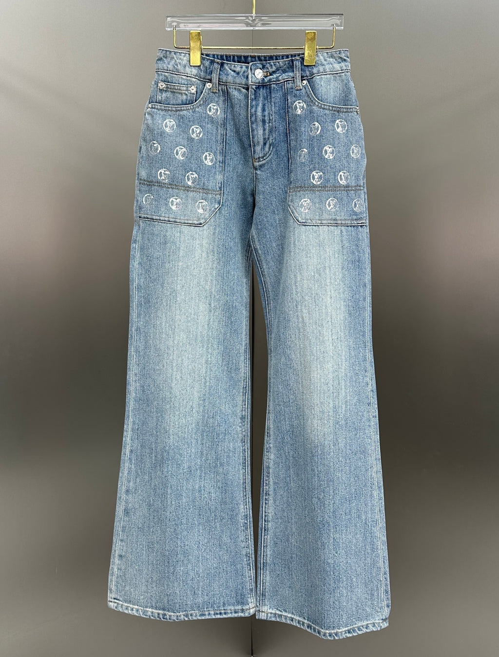 Louis Vuitton Silver LV Monogram Pocket Wide-Leg Denim Trousers