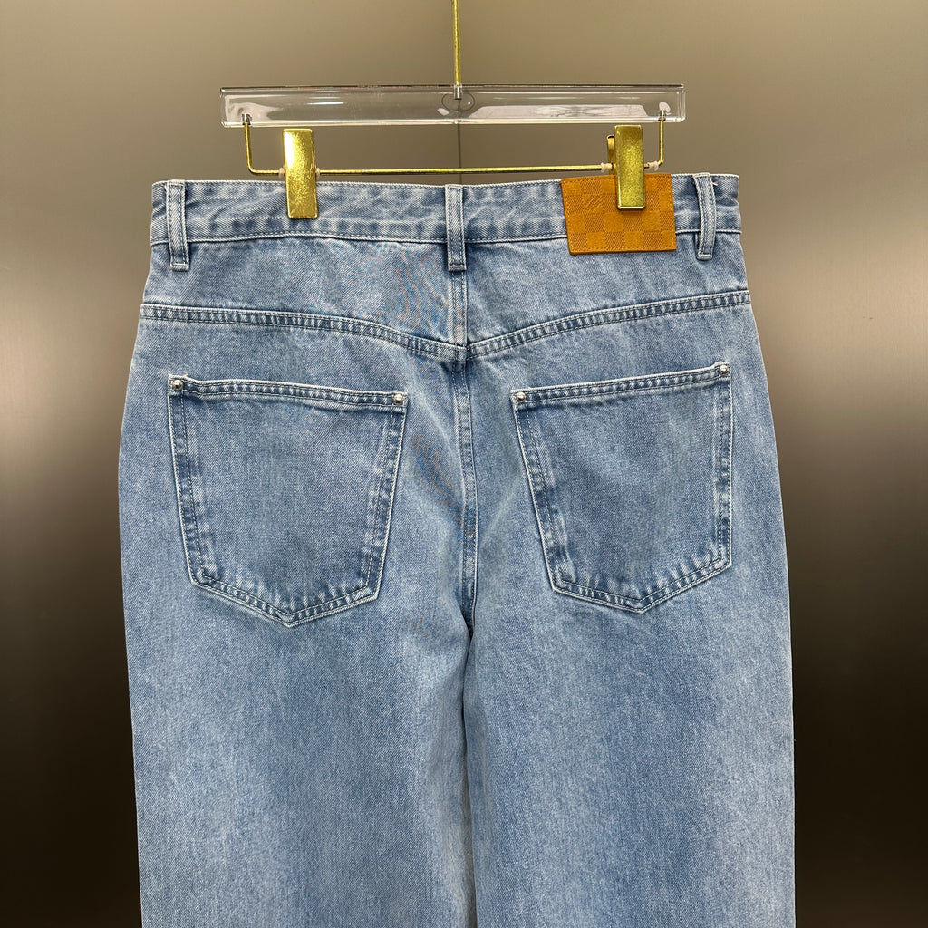 Louis Vuitton Washed Indigo Carpenter Fit Jeans with Frayed Monogram Panels