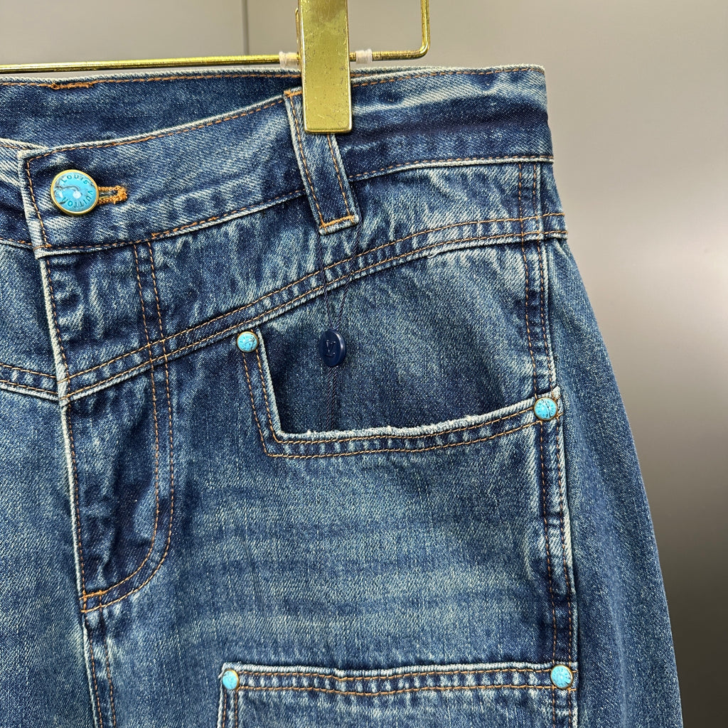Louis Vuitton Western Turquoise Accent Distressed Utility Denim Trousers