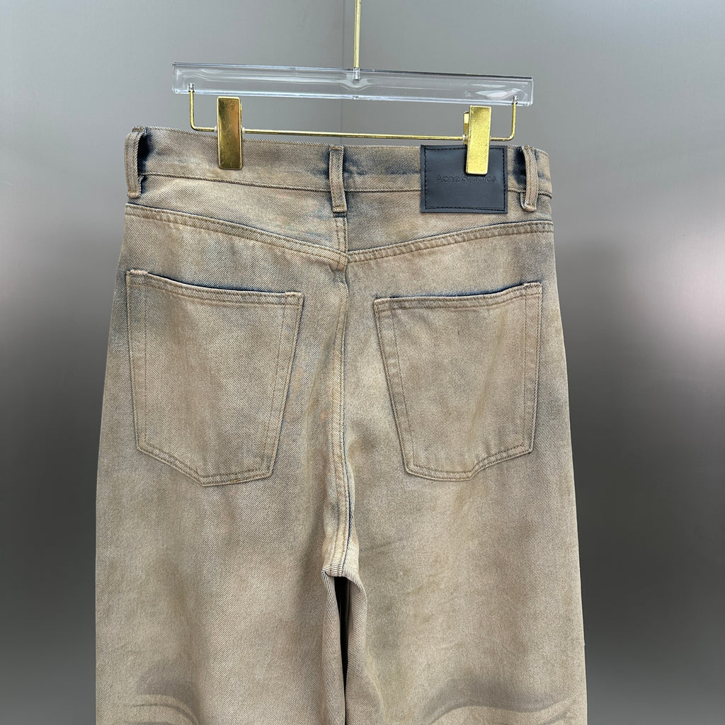 Acne Studios Distressed Beige Tinted Wide-Leg Denim Pants