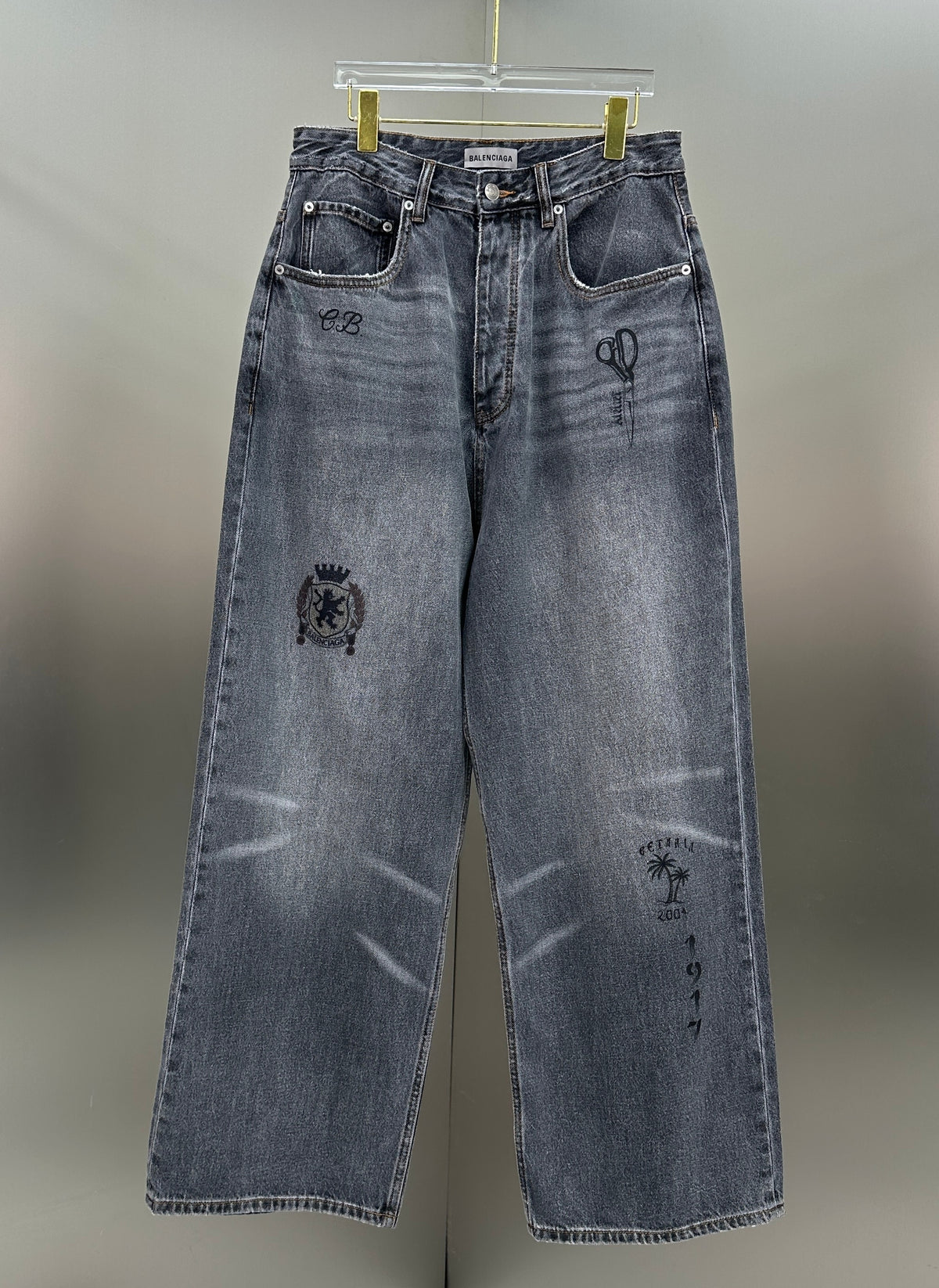 Balenciaga Crest & Artwork Embroidered Baggy Denim Pants