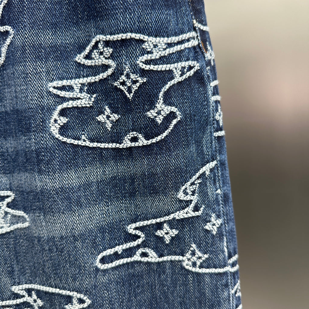 Louis Vuitton White Embroidered Cloud Motif Denim Trousers – Dark Blue
