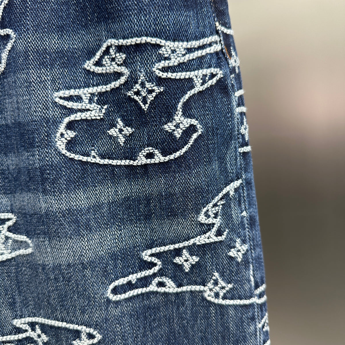 Louis Vuitton White Embroidered Cloud Motif Denim Trousers – Dark Blue