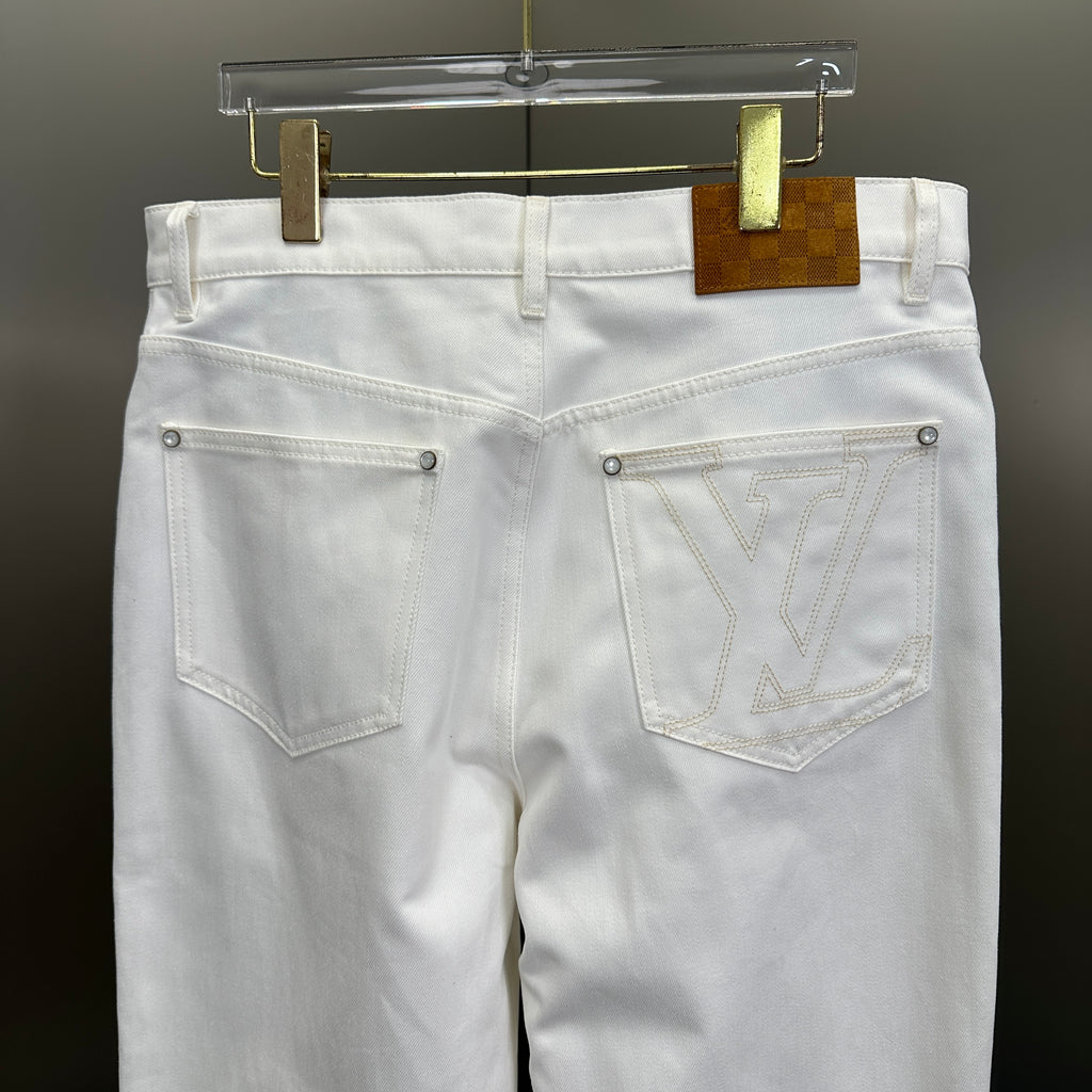 Louis Vuitton Classic Fit White Denim Pants with Tan Logo Patch