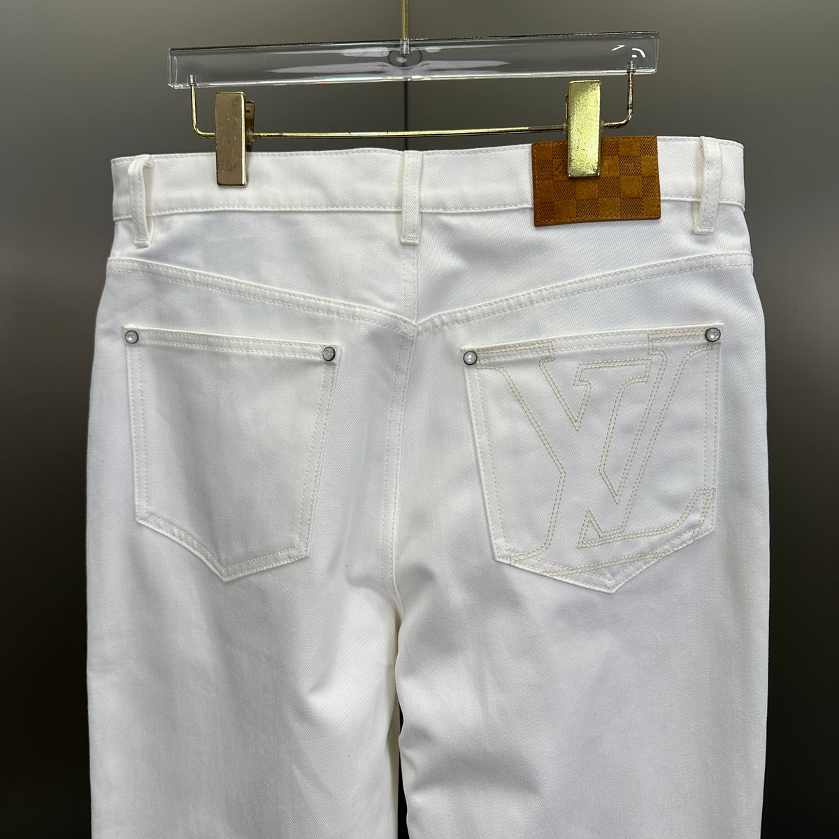 Louis Vuitton Classic Fit White Denim Pants with Tan Logo Patch