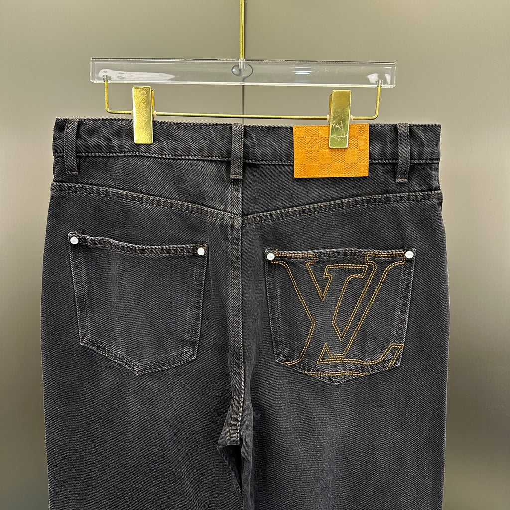 Louis Vuitton Faded Black Straight Denim Trousers with Heritage Leather Accent