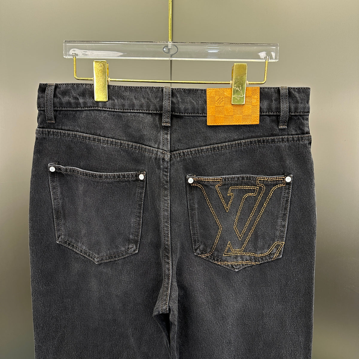 Louis Vuitton Faded Black Straight Denim Trousers with Heritage Leather Accent