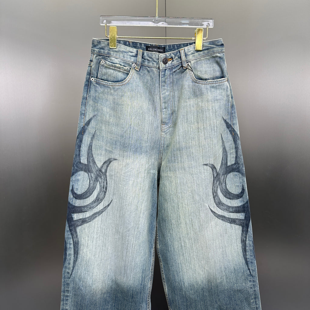 Balenciaga Faded Blue Flame Tribal Wide-Leg Denim