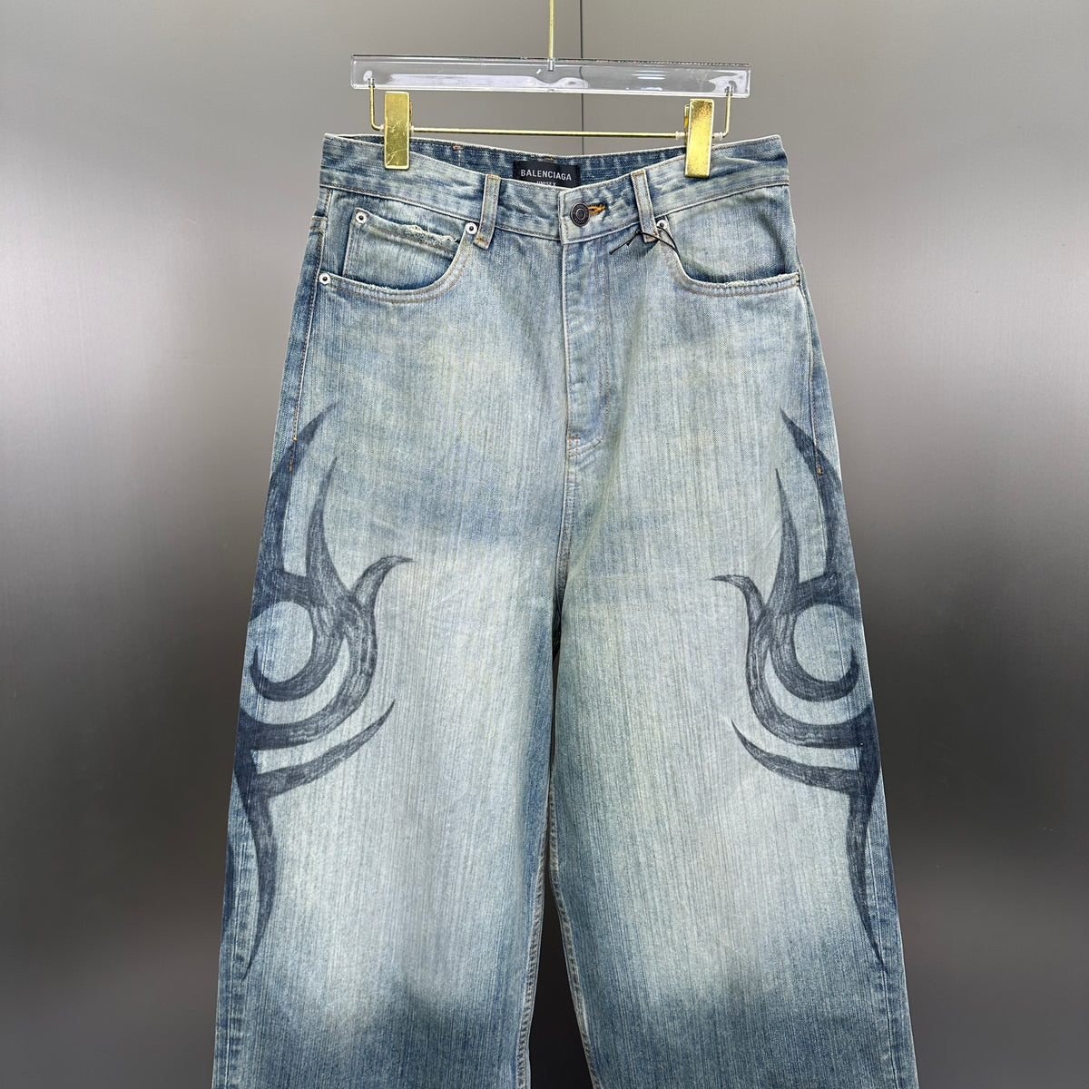 Balenciaga Faded Blue Flame Tribal Wide-Leg Denim