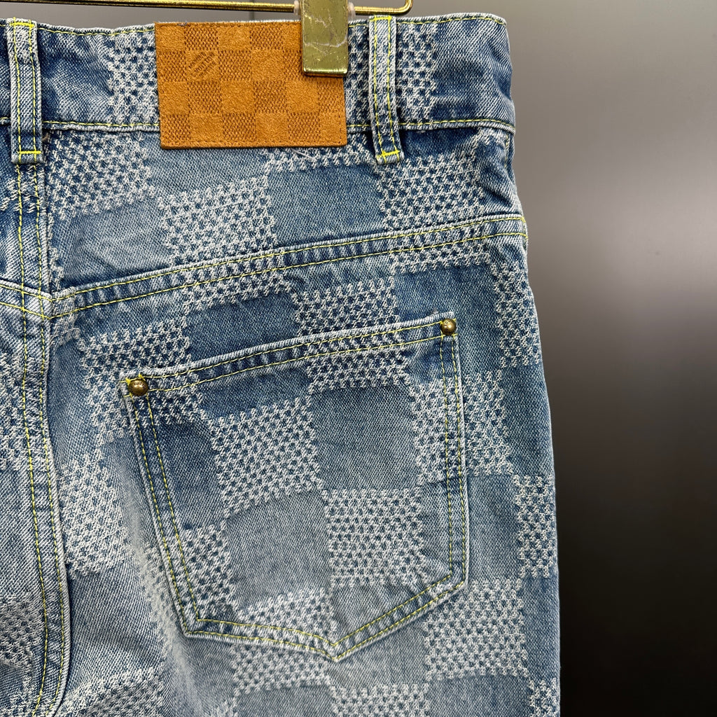 Louis Vuitton Bleached Damier Pattern Denim Trousers with Heritage Inscription