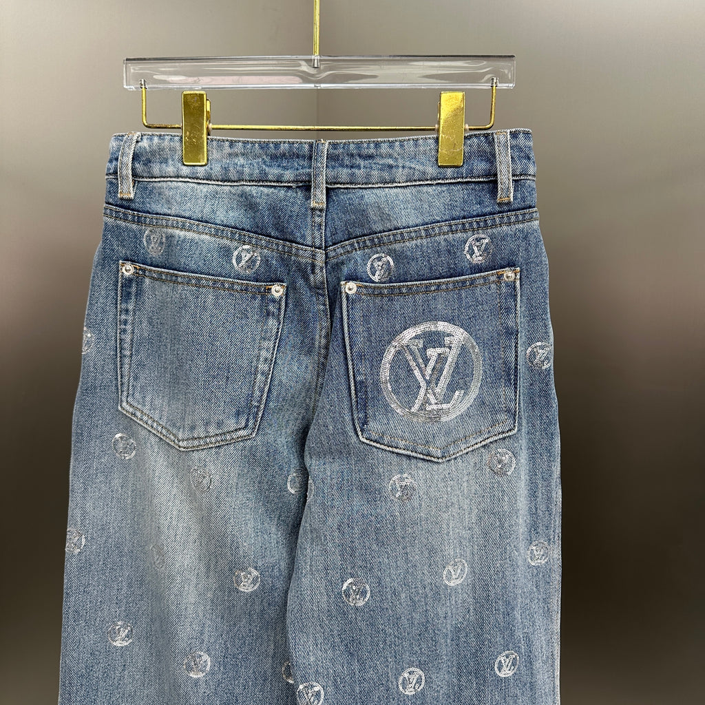 Louis Vuitton Silver LV Monogram Polka Motif Wide-Leg Denim Trousers
