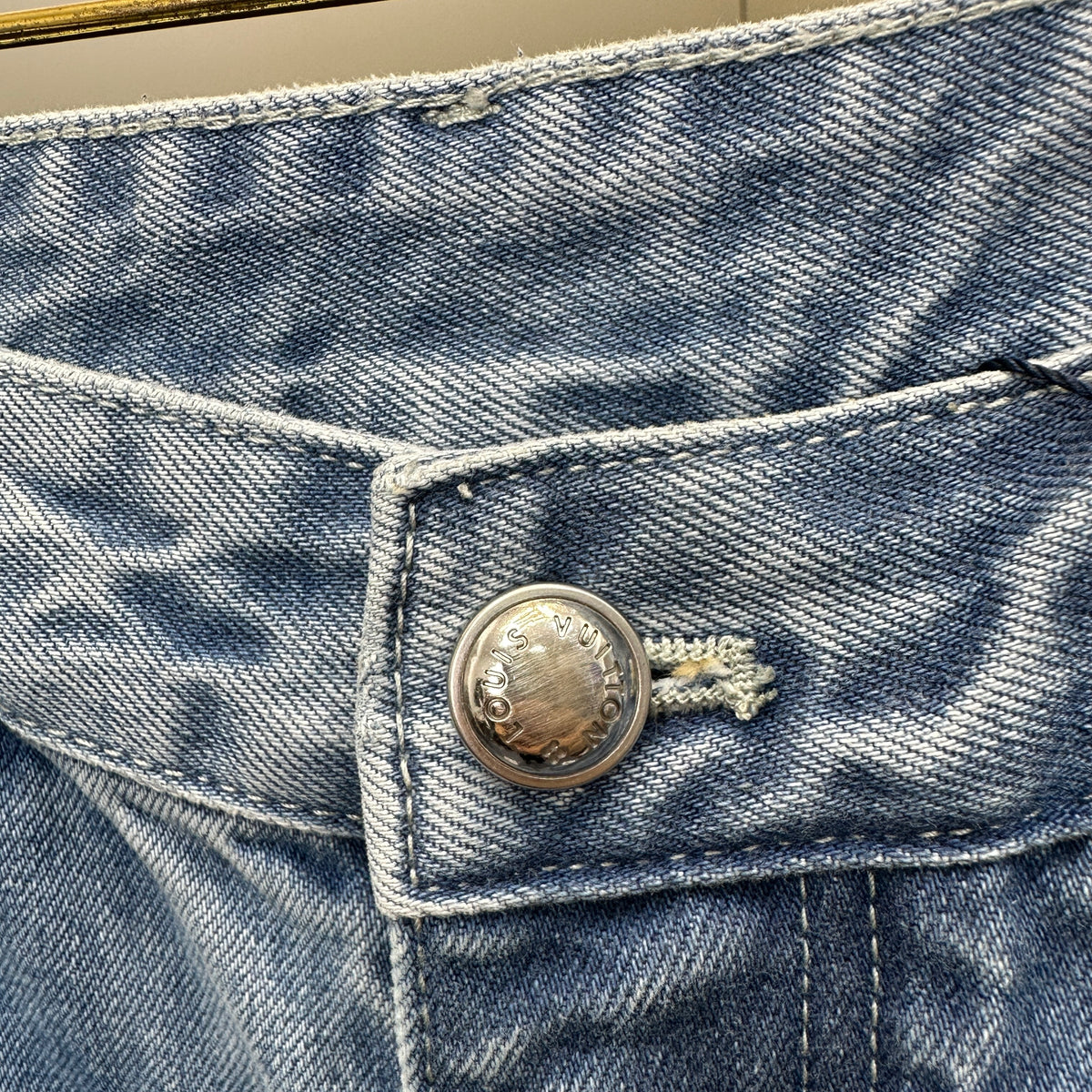 Louis Vuitton Washed Indigo Carpenter Fit Jeans with Frayed Monogram Panels