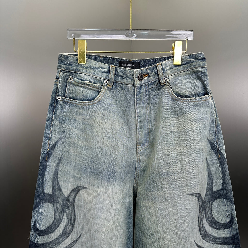Balenciaga Faded Blue Flame Tribal Wide-Leg Denim