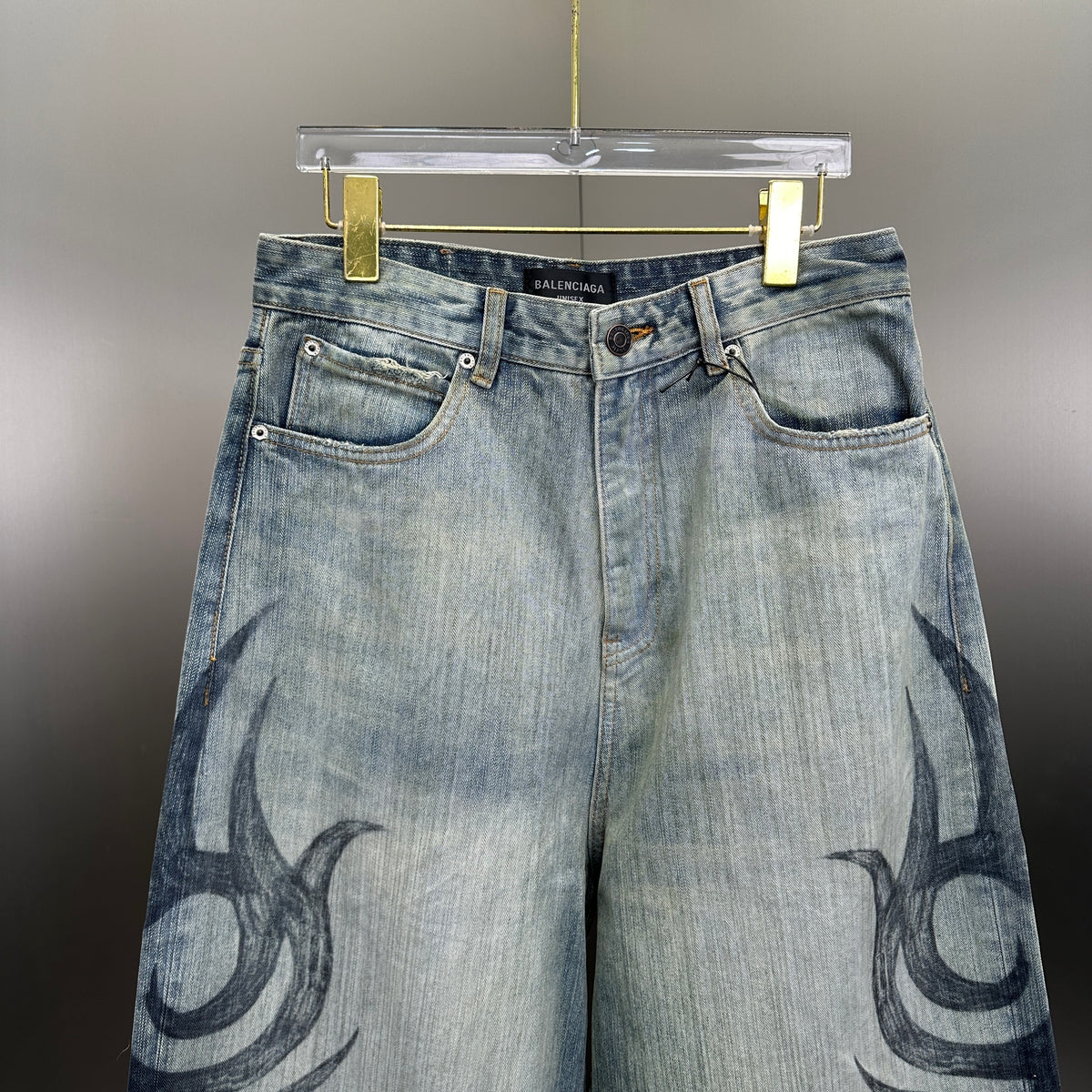 Balenciaga Faded Blue Flame Tribal Wide-Leg Denim